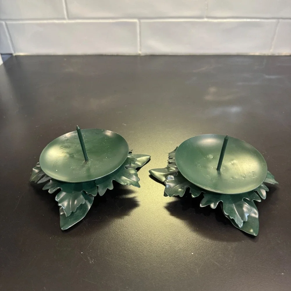 Leaf Pillar Candle Holders Set of 2 Dark Green  Metal Botanical Taiwan